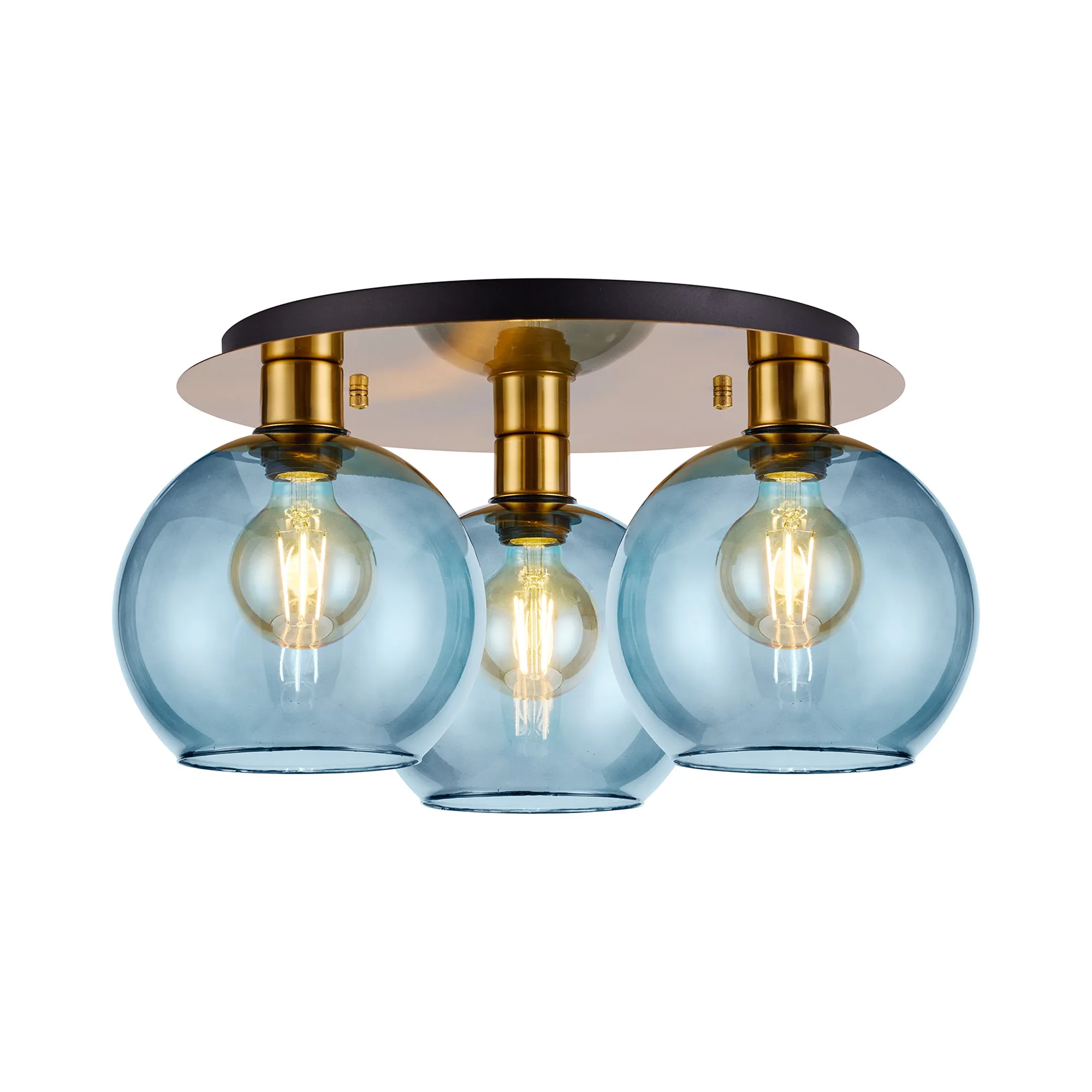 DK1247  Lori 40cm Round Ceiling Flush, 3 Light Flush Fitting, Antique Gold/Blue Open Mouth Round Globe Shades